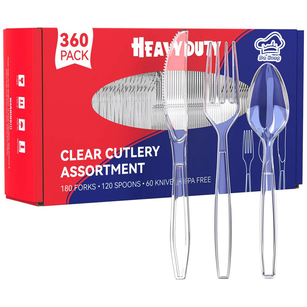 360 Count Extra Heavy Duty Clear Plastic Silverware, 120 Forks, 120 Spoons, 120 Knives, BPA-Free, Heat Resistant, Disposable Plastic Utensils Set, Plastic Cutlery Set, Plasticware Bulk