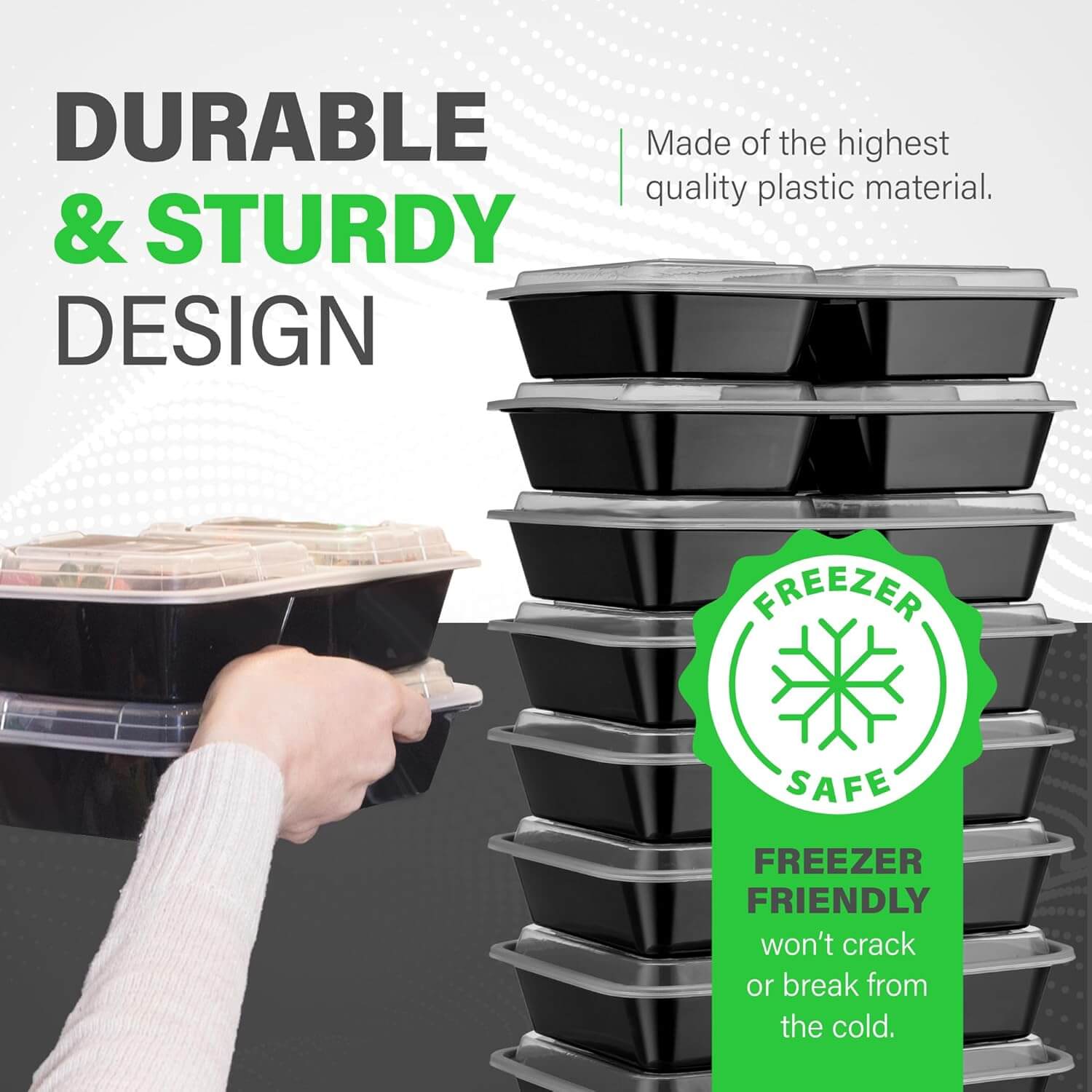 34 oz Meal Prep Containers Reusable with Lids 3-Compartment, To Go Take Out Plastic Food Storage Containers, Sturdy Leakproof Food Safe, Microwave Freezer Dishwasher Safe, Silver - Image 2