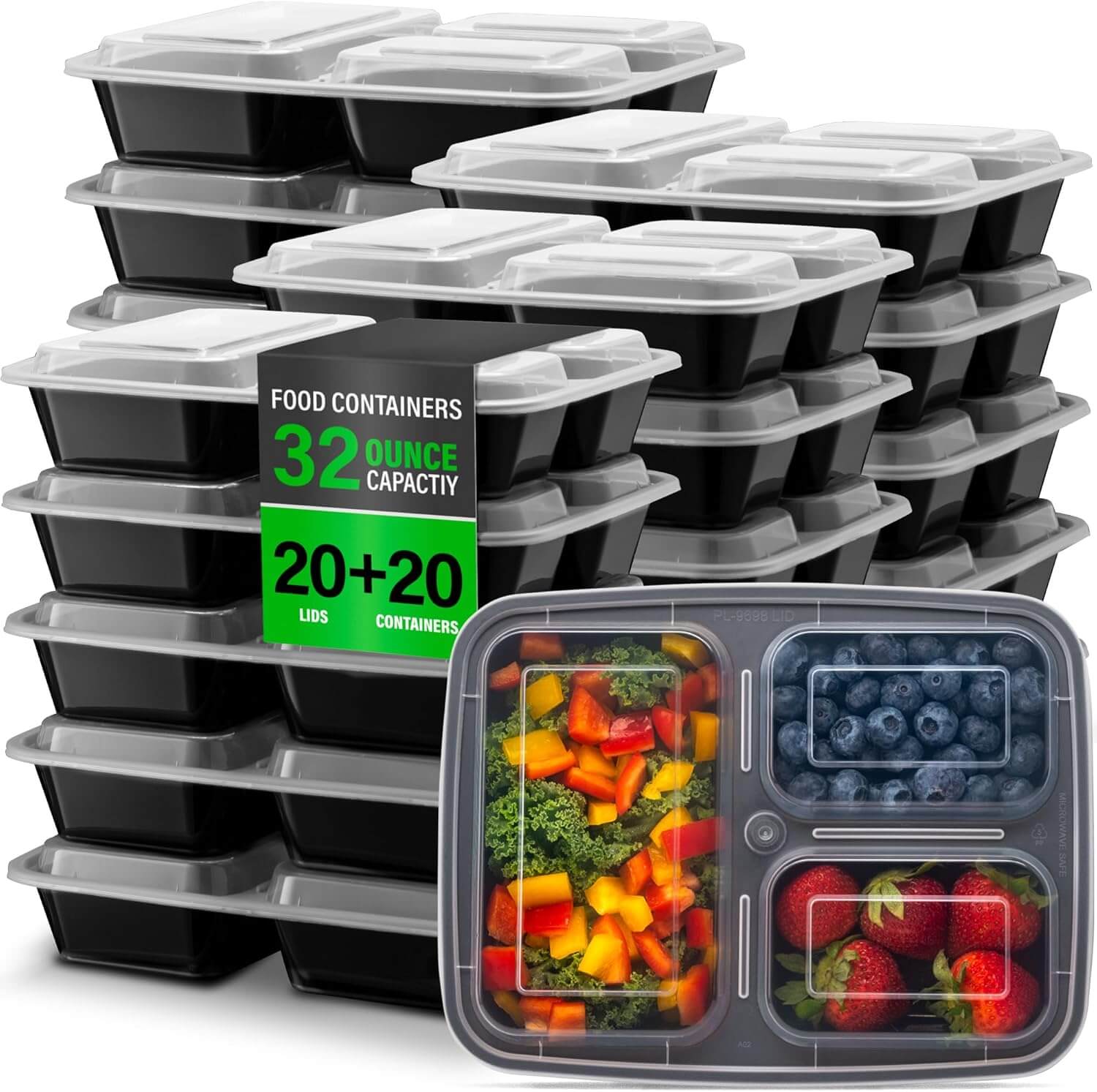 34 oz Meal Prep Containers Reusable with Lids 3-Compartment, To Go Take Out Plastic Food Storage Containers, Sturdy Leakproof Food Safe, Microwave Freezer Dishwasher Safe, Silver