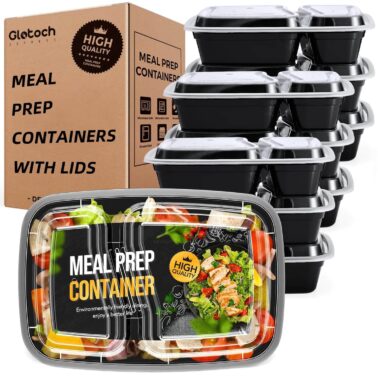 43 oz Meal Prep Containers Reusable with Lids 2-Compartment, Sturdy Leakproof Food Safe, Microwave Freezer Dishwasher Safe, To Go Take Out Plastic Food Storage, Black