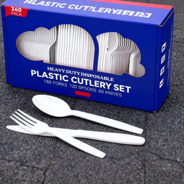 360 Count Extra Heavy white Silverware, 120 Forks, 120 Spoons, 120 Knives, BPA-Free, Heat Resistant, Disposable Plastic Utensils Set, Plastic Cutlery Set, Plasticware Bulk