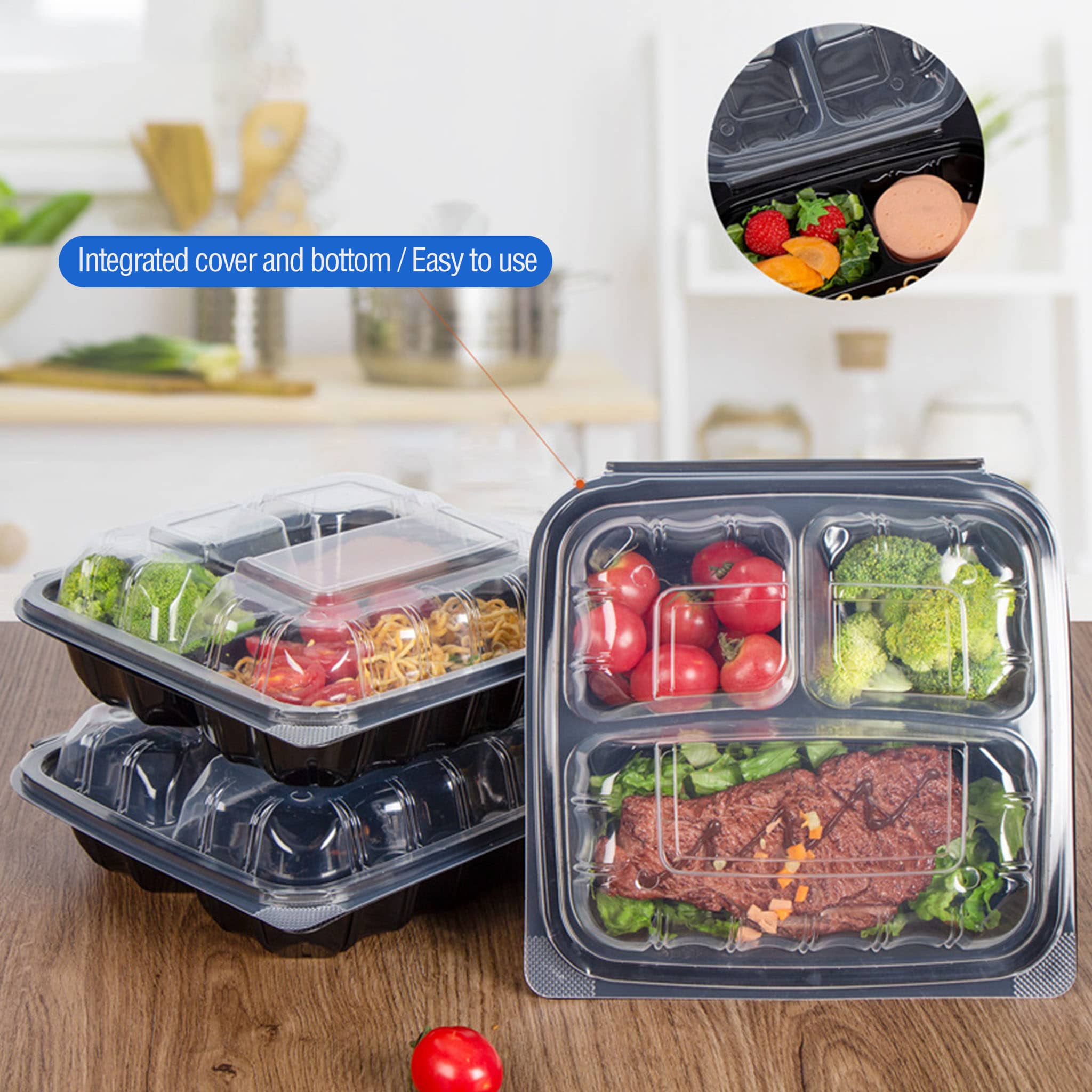 100 sets of meal boxes, with a super thick design, featuring 3 compartments, 8-inch and 9-inch microwaveable and reusable food containers (with lids) that can be used for food preparation once and then reused, stackable plastic food boxes (for easy storage), healthy food packaging suitable for freezing and washable in the dishwasher. They are more durable when reused. - Image 3