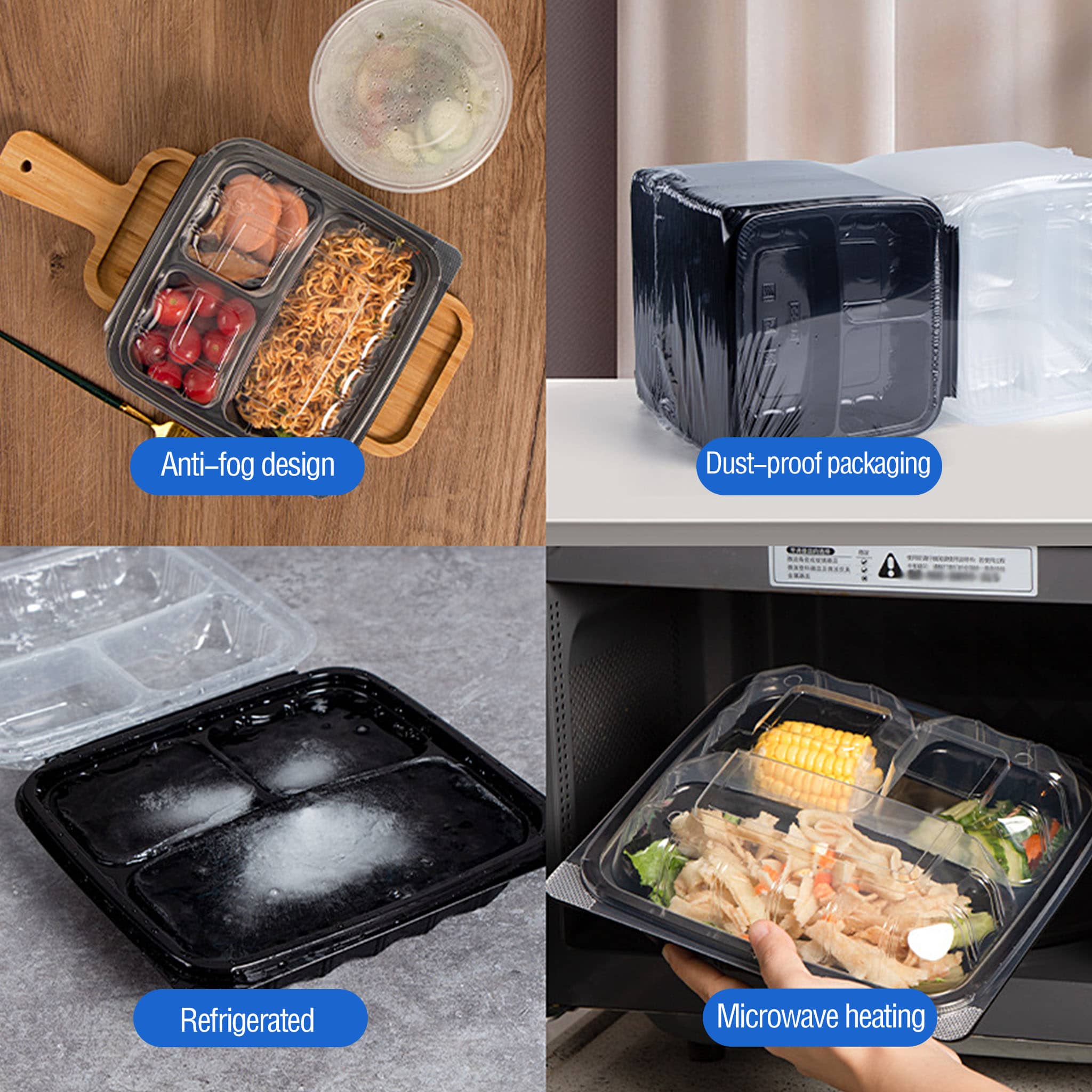 100 sets of meal boxes, with a super thick design, featuring 3 compartments, 8-inch and 9-inch microwaveable and reusable food containers (with lids) that can be used for food preparation once and then reused, stackable plastic food boxes (for easy storage), healthy food packaging suitable for freezing and washable in the dishwasher. They are more durable when reused. - Image 4
