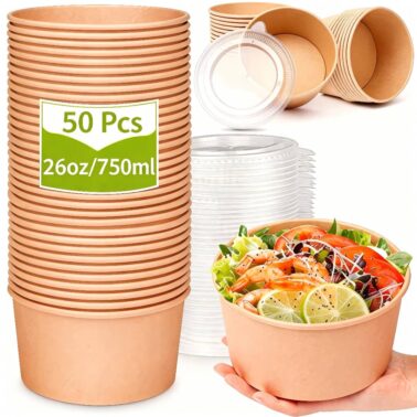 26oz Paper Bowl with Lid - Food preparation container, disposable cutlery, suitable for hot/cold food, soup, salad - a party and event essential, safe lid, ideal for kitchen storage.